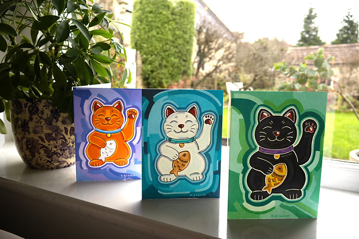 Lucky White Cat Greeting Card